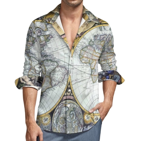 Earth Map Street Style Casual Shirt Men Vintage 1652 World Map Shirt Autumn Vintage Blouses Long Sleeve Graphic Oversize Clothes