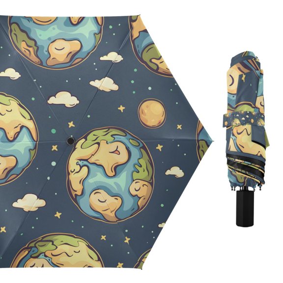 Earth Moon Star Cloud Compact Sun Umbrella Windproof Travel Umbrellas for Rain Strong Portable UV Protection