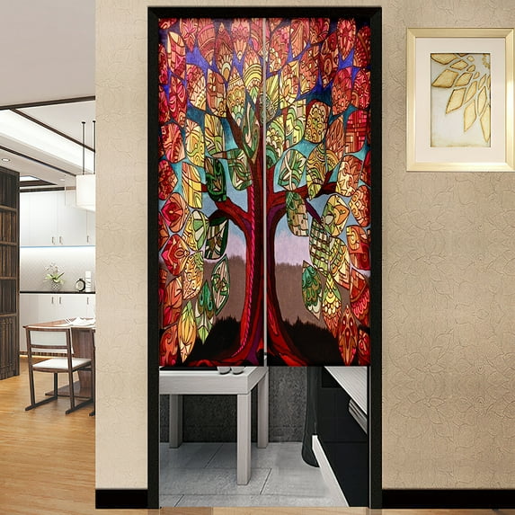 Earth Moon World Tree Landscape Door Curtain Dust Proof No Punching Partition Home Entrance Kitchen Cover with Half Short Noren