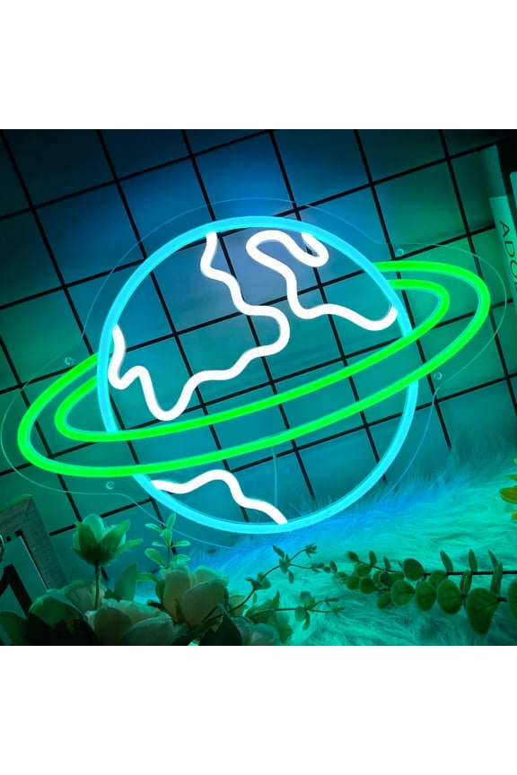 Earth Neon Sign for Wall Decor, Planet Led Signs, Dimmable Neon Light Sign for Bedroom, Game Room, Living Room, Bar Decoration, USB Powered Light Up Signs for Man Cave
