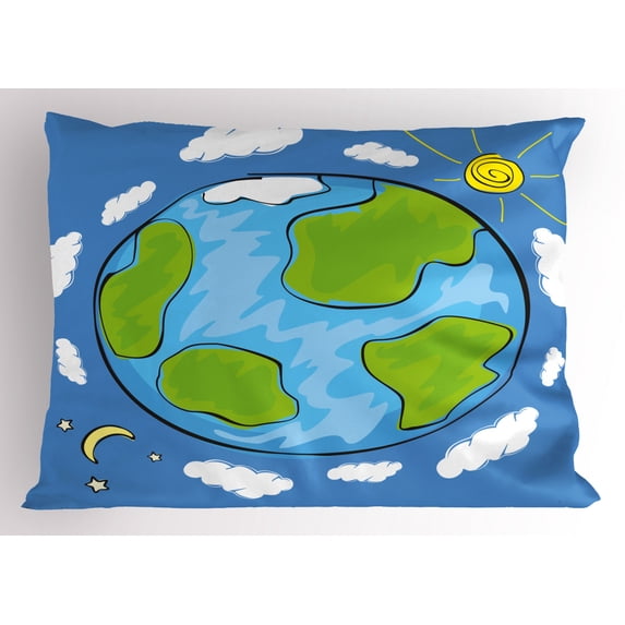 Earth Pillow Sham Child's Drawing of the Planet Earth Surrounded with Clouds Day and Night Cycle, Decorative Standard Size Printed Pillowcase, 26 X 20 Inches, Blue Green White, by Ambesonne