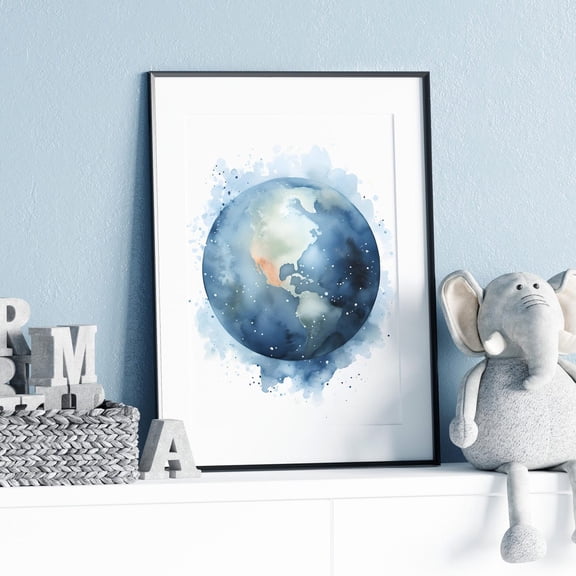 Earth Planet Nursery Wall Art, Minimal Space Theme Kids Room Decor, Stretched Canvas Size 16x24