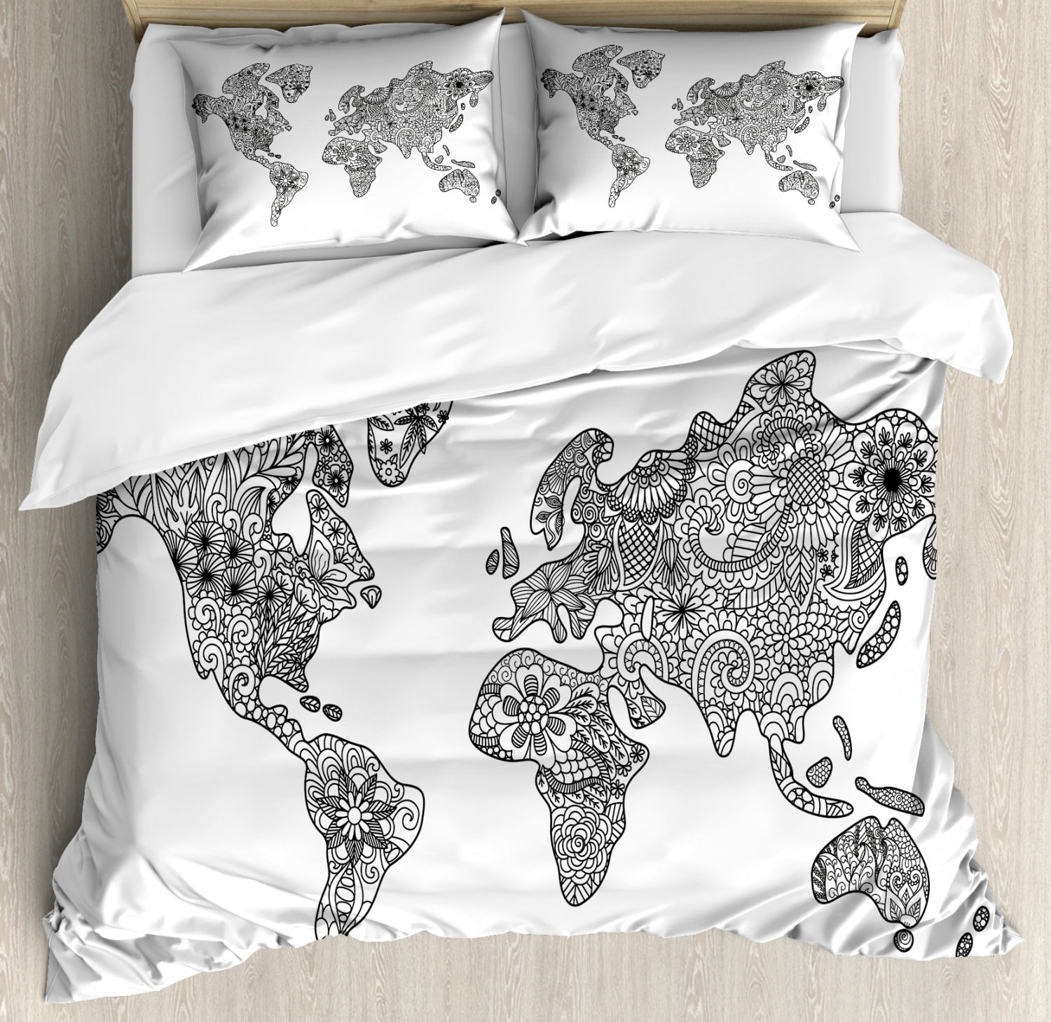 Earth Queen Size Duvet Cover Set, Floral Pattern As World Map ...