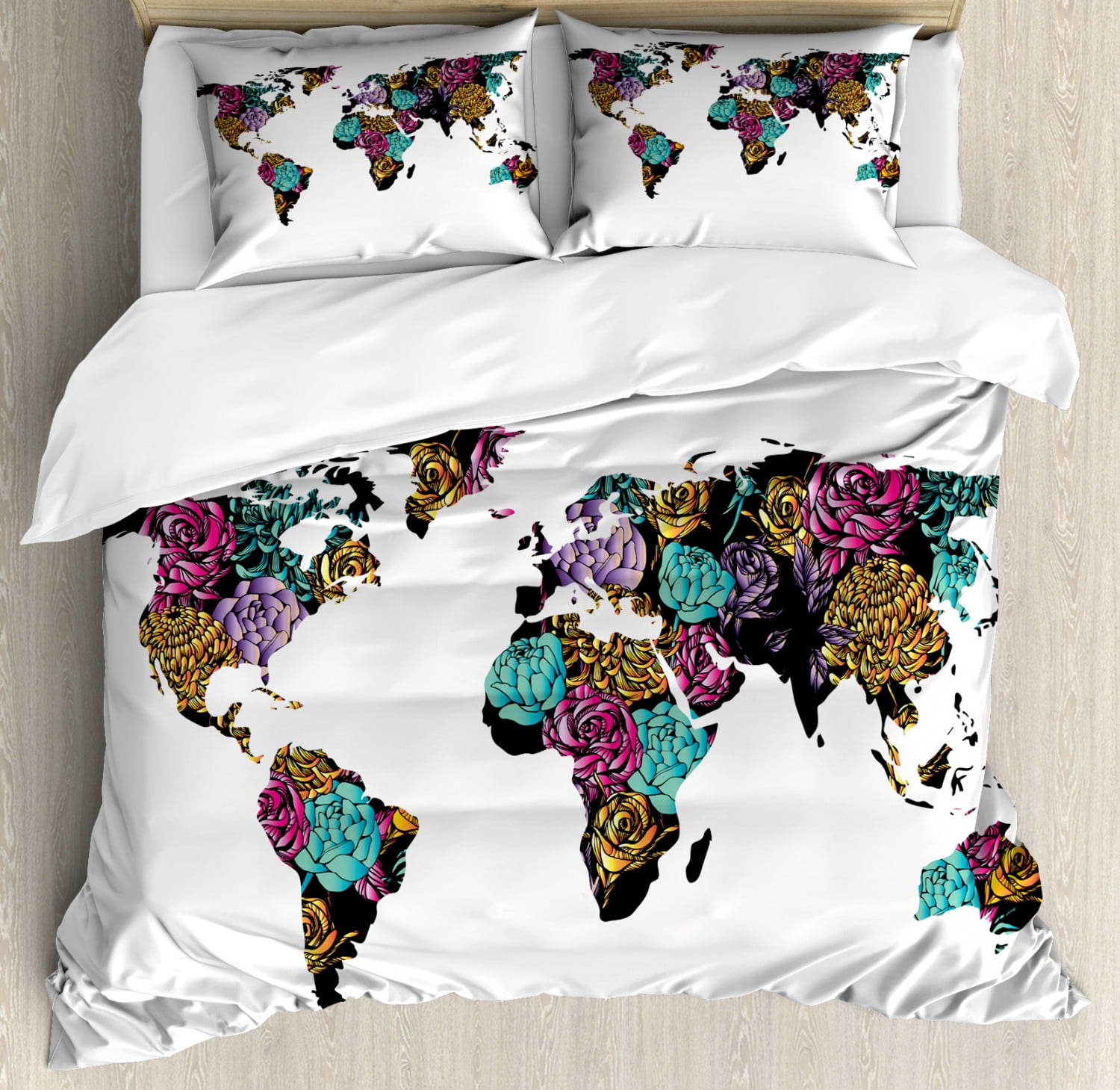 Earth Queen Size Duvet Cover Set, World Map with Elegance Rose Flowered ...