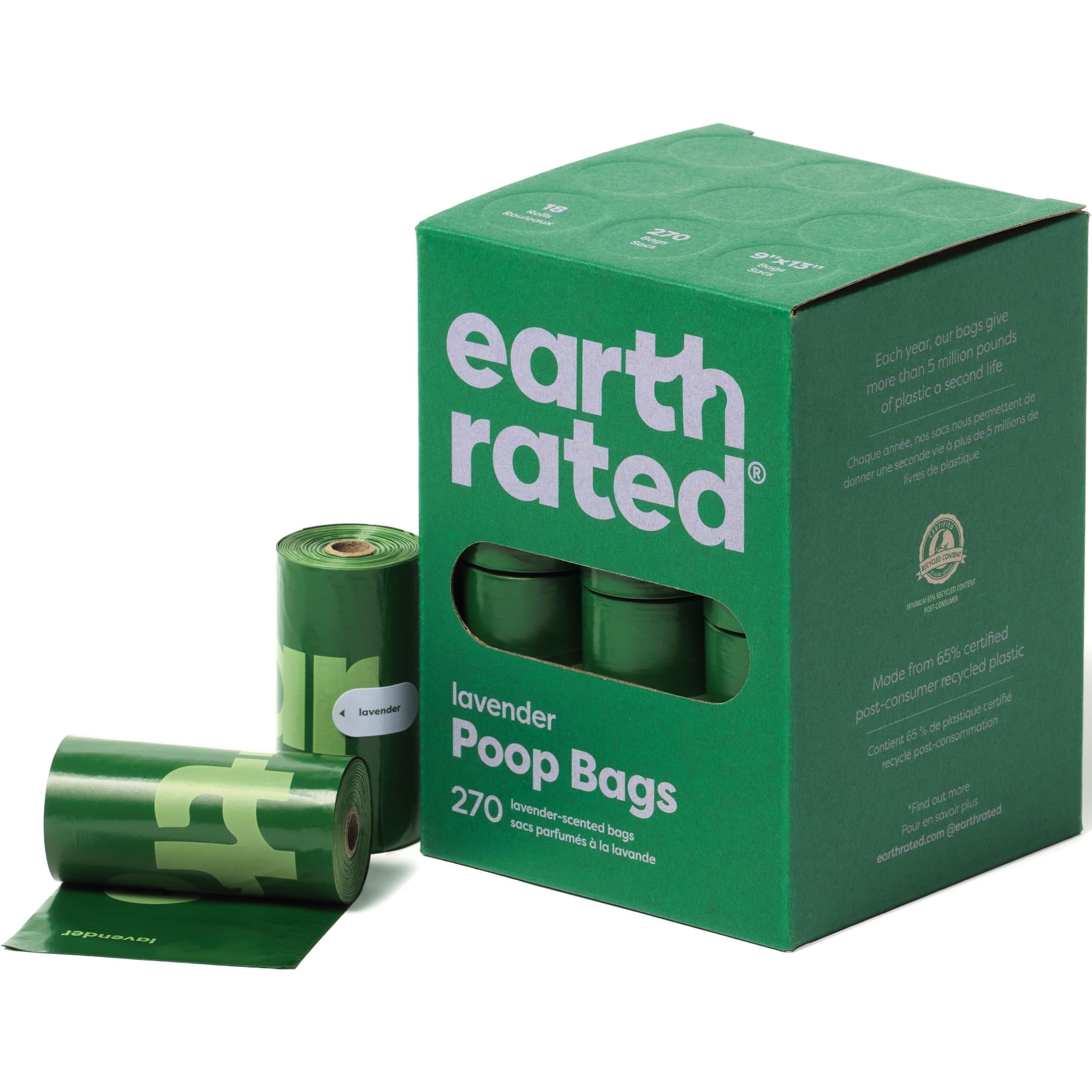 Earth Rated Dog Poop Bags, Guaranteed Leak Proof and Extra Thick Waste Bag Refill Rolls For Dogs, Lavender Scented, 270 Count RED5