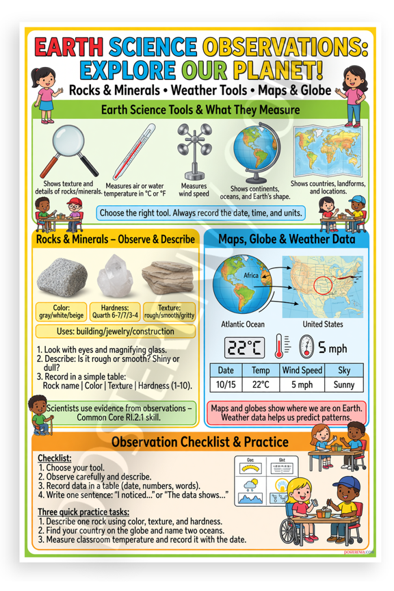 Earth Science Observations Explore Our Planet Rocks Minerals Weather Tools Maps Globe Educational 12x18 US Made Poster