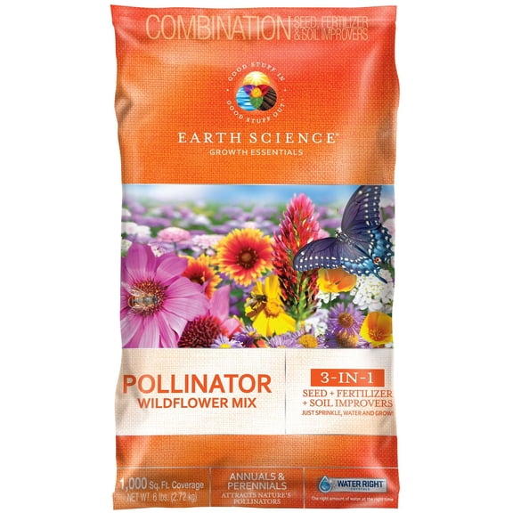 Earth Science Wildflower Pollinator Mix 6 lb3-in-1 Mix with Premium Wildflower Seed, Plant Food and Soil Conditioners, Non-GMO, for Bees, Hummingbirds, Butterflies, Pollinators