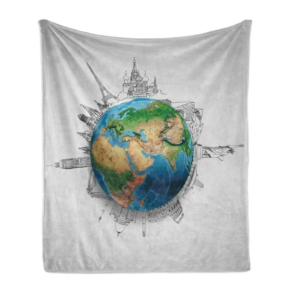 Earth Soft Flannel Fleece Blanket, Globe of Planet Earth Realistic Continents Geography Theme Pencil Sketch, Cozy Plush for Indoor and Outdoor Use, 70" x 90", Blue Green Pale Brown, by Ambesonne