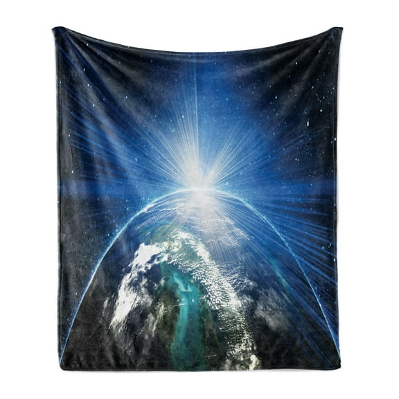 Earth Soft Flannel Fleece Throw Blanket, Astrophotography of Rising Sun over Globe with Starry Space Print, Cozy Plush for Indoor and Outdoor Use, 70" x 90", Night Blue Multicolor, by Ambesonne