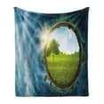 thumbnail image 1 of Earth Soft Flannel Fleece Throw Blanket, Circular Frame with Endless Green Landscape Infinity Clouds Space, Cozy Plush for Indoor and Outdoor Use, 70" x 90", Green Brown Petrol Blue, by Ambesonne, 1 of 5
