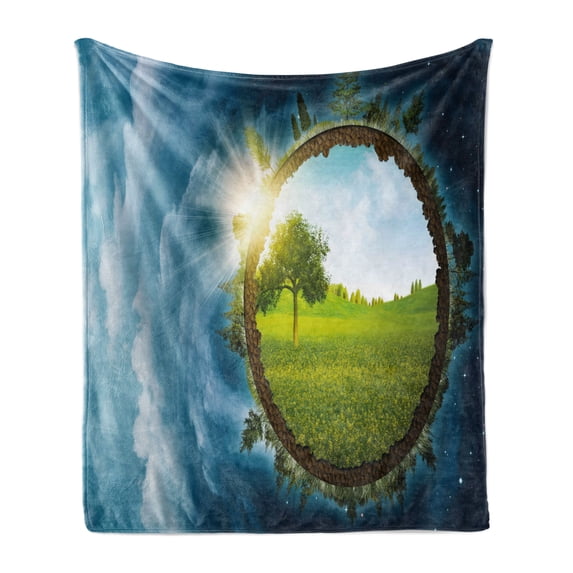 Earth Soft Flannel Fleece Throw Blanket, Circular Frame with Endless Green Landscape Infinity Clouds Space, Cozy Plush for Indoor and Outdoor Use, 70" x 90", Green Brown Petrol Blue, by Ambesonne