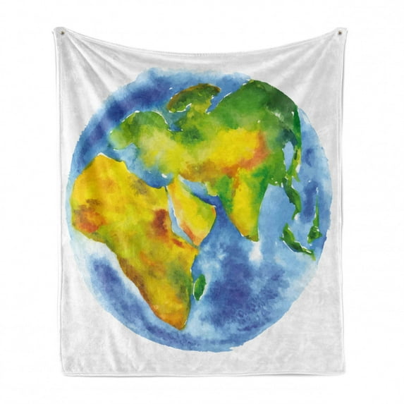 Earth Soft Flannel Fleece Throw Blanket, Globe of Earth Painted in Watercolors Cartography Geography Continents, Cozy Plush for Indoor and Outdoor Use, 60" x 80", Pale Blue Green Yellow, by Ambesonne
