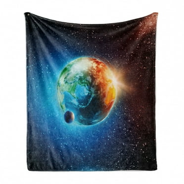 Earth Soft Flannel Fleece Throw Blanket, Majestic Galaxy Outer Space View Universe Planet Stars Astral Theme World, Cozy Plush for Indoor and Outdoor Use, 60" x 80", Orange Blue Black, by Ambesonne