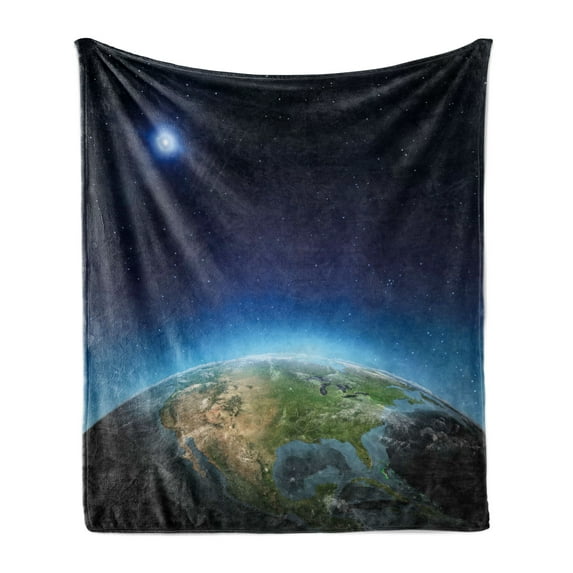 Earth Soft Flannel Fleece Throw Blanket, North America Continent on Globe Earth Galaxy Milky Way Realistic View, Cozy Plush for Indoor and Outdoor Use, 50" x 60", Indigo Pale Blue Green, by Ambesonne