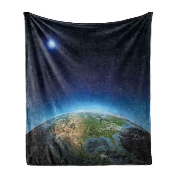 Earth Soft Flannel Fleece Throw Blanket, North America Continent on Globe Earth Galaxy Milky Way Realistic View, Cozy Plush for Indoor and Outdoor Use, 70" x 90", Indigo Pale Blue Green, by Ambesonne