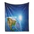 thumbnail image 1 of Earth Soft Flannel Fleece Throw Blanket, United States View in Space Rising Sun over the Earth and Its Landforms, Cozy Plush for Indoor and Outdoor Use, 70" x 90", Blue Green Pale Brown, by Ambesonne, 1 of 5