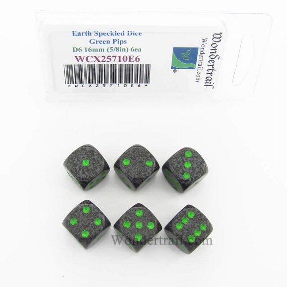 Earth Speckled Dice with Green Pips D6 16mm (5/8in) Pack of 6 Wondertrail