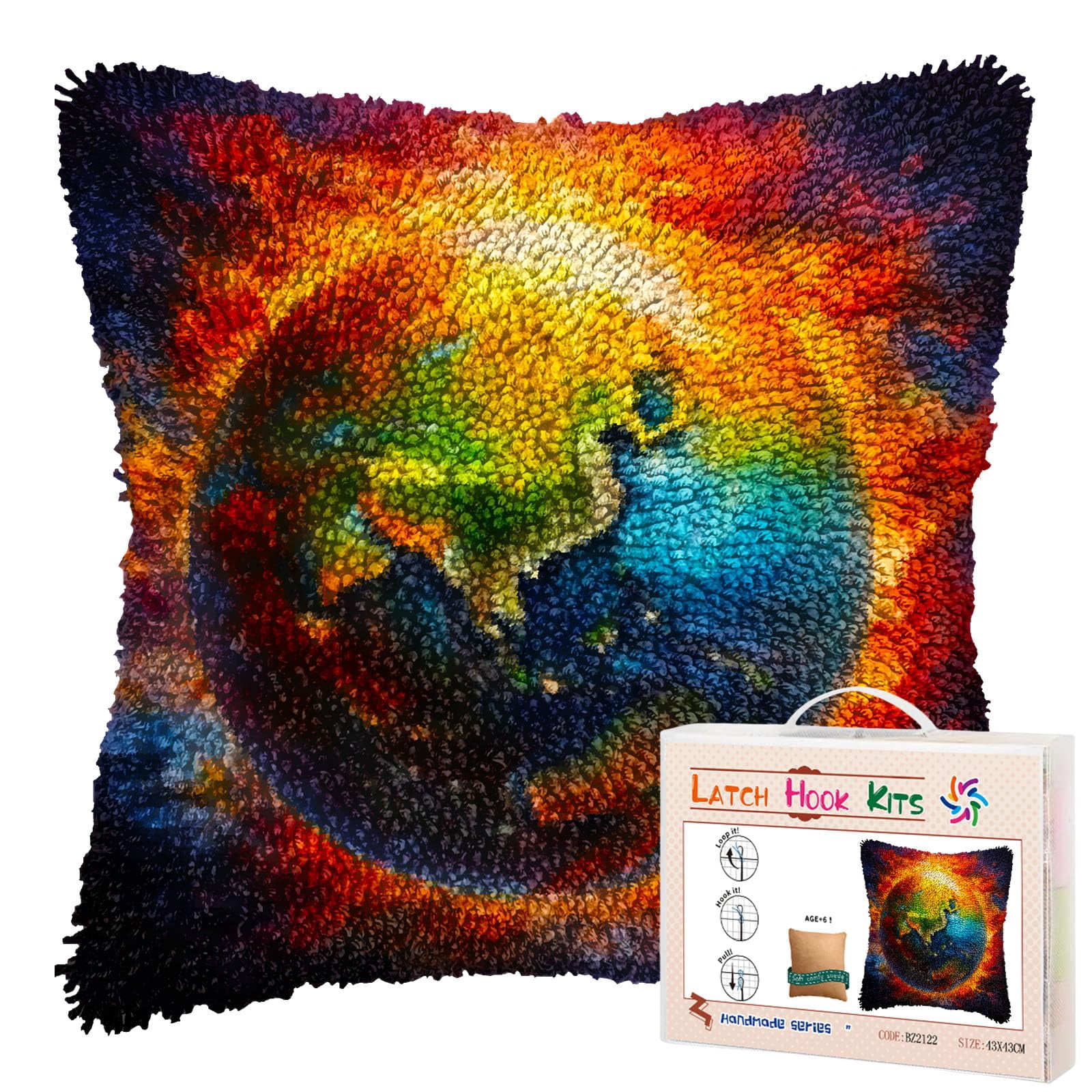 Earth in Sun Circle DIY Latch Hook Pillow Kits for Adults Printed Pillowcase Crochet Yarns Hooking Handmade Pillow Cover Cushion for Home Sofa Decoration 17x17inch