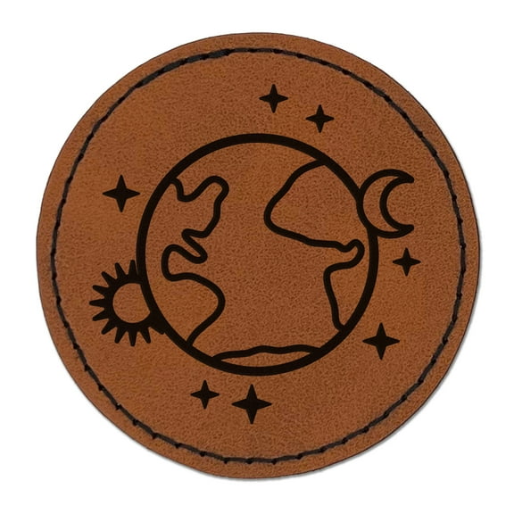 Earth Sun Moon Stars 2.5" Faux Leather Round Engraved Iron-On Patch - Brown