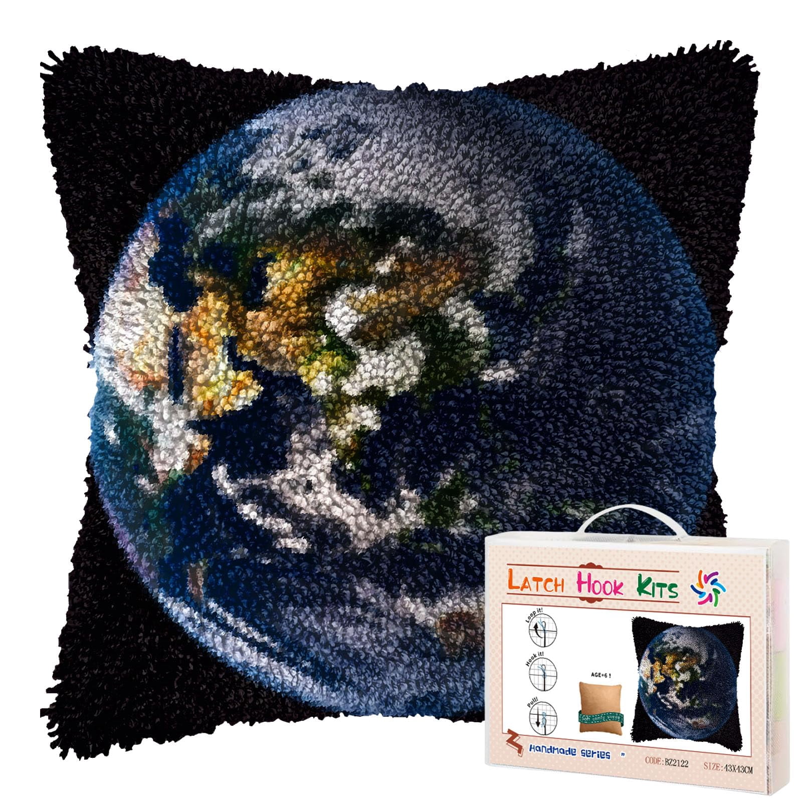 Earth Surface DIY Latch Hook Pillow Kits for Adults Printed Pillowcase Crochet Yarns Hooking Handmade Pillow Cover Cushion for Home Sofa Decoration 17x17inch