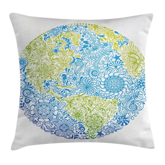 Earth Throw Pillow Cushion Cover, Climate Change Themed Our Planet with Ethnic Floral Leaves Environment Artwork, Decorative Square Accent Pillow Case, 20 X 20 Inches, Blue Lime Green, by Ambesonne