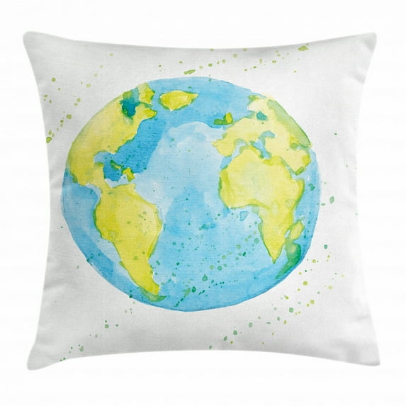 Earth Throw Pillow Cushion Cover, Hand Drawn Watercolor Style Earth Kids Art with Color Stains, Decorative Square Accent Pillow Case, 24 X 24 Inches, Light Blue Yellow Pistachio Green, by Ambesonne