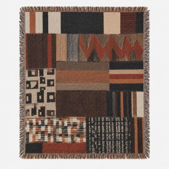 Earth Tone Abstract Geometric Patchwork Woven Throw Blanket, 100% Cotton, Modern Boho Home Decor