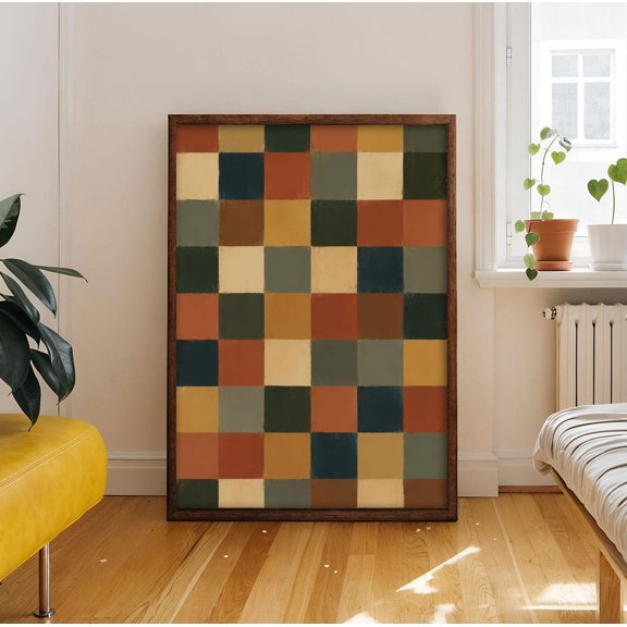 Earth Tone Color Block Print Retro Checkerboard Artwork Mid Century Modern Geometric