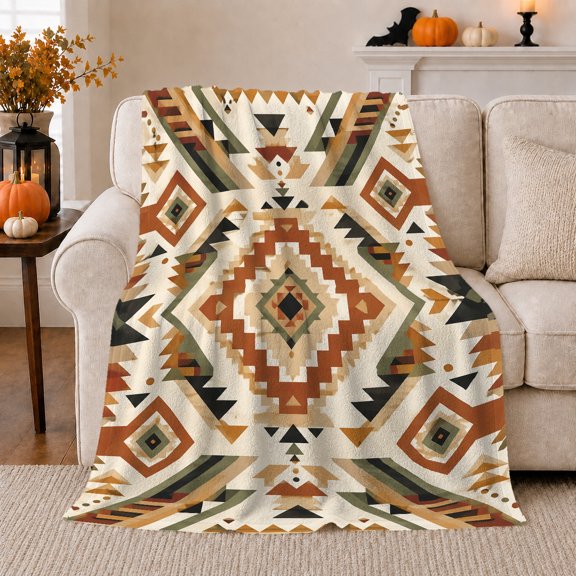 Earth Tone Diamond Geometry with Pumpkins, Rustic Geometric Style for Cabin Lovers, Orange Autumn Scene and Housewarming Gift, Cozy Flannel Blanket for Living Room and Bedroom, Home Decor