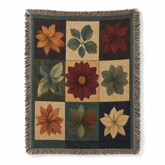 Earth-Tone Patchwork Floral Woven Throw Blanket, Woven Cotton with Fringed Edges, Botanical Style for Living Room or Bedroom