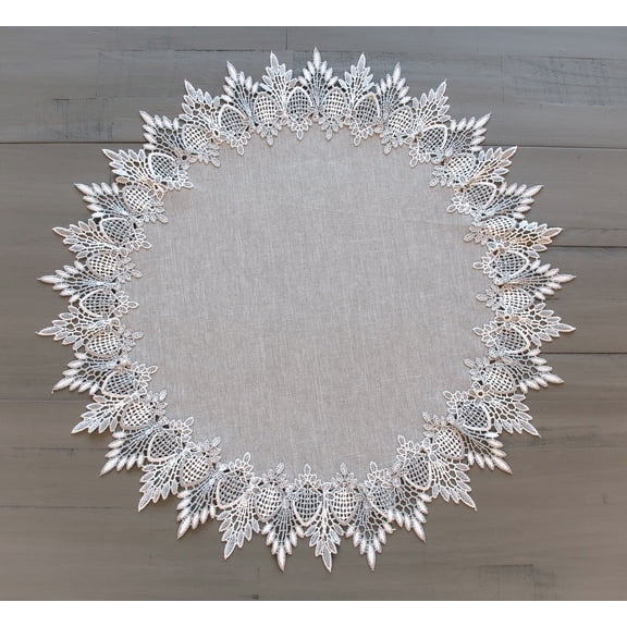 Earth Tone Silver Lace on Silver Fabric Large Doily, Table Topper (24" Round)