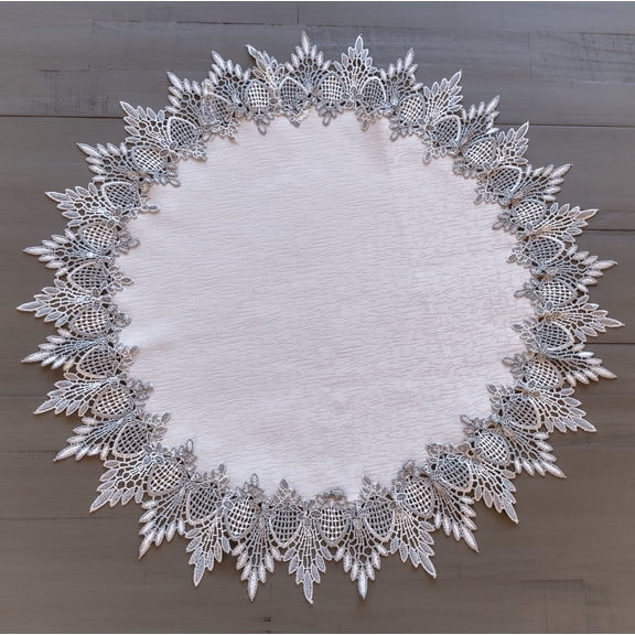 Earth Tone Silver Lace on White Jacquard Large Doily, Table Topper (24" Round)