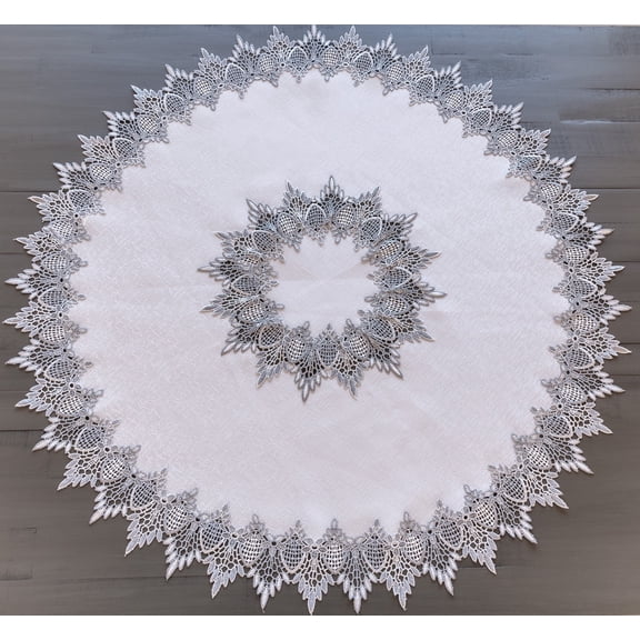 Earth Tone Silver Lace on White Jacquard Large Doily, Table Topper (34" Round)