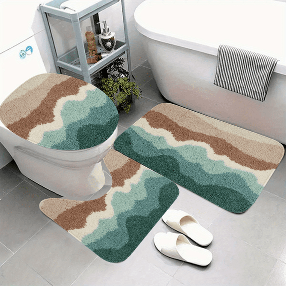 Earth Tone Wave 3-Piece Bath Rug Set, Non-Slip Polyester Bathroom Mats, Plush Shaggy Absorbent Washable Rugs with Toilet Lid Cover & U-Shaped Mat for Modern Bathroom Decor