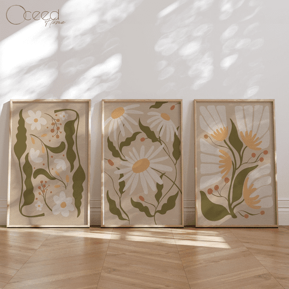Earth Tone Wildflower Minimal Botanical Boho Poster Set 3 Prints Set 3 , Stretched Canvas