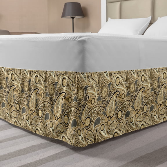 Earth Tones Bed Skirt, Iranian Pattern Traditional Paisley Welsh Pears, Elastic Bedskirt Dust Ruffle Wrap Around for Bedding Decor, 4 Sizes, Grey Yellow, by Ambesonne
