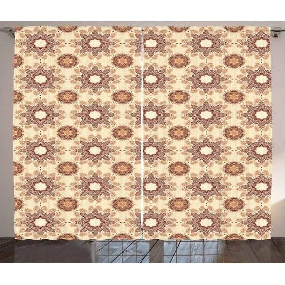 Ambesonne Earth Tones Curtains 2 Panel Set, Mandala Lace Style Art, 108" x 84", Burgundy Coral Ivory