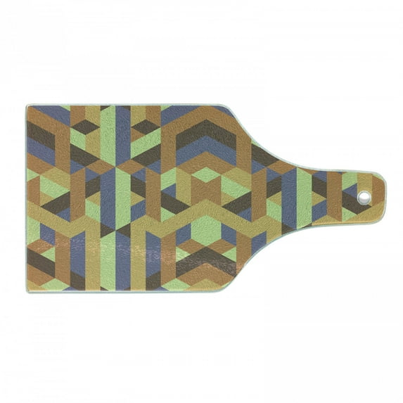 Earth Tones Cutting Board, Geometric Pattern with Retro Style Inspired by Intricacy of Gothic Era, Decorative Tempered Glass Cutting and Serving Board, Wine Bottle Shape, Multicolor, by Ambesonne