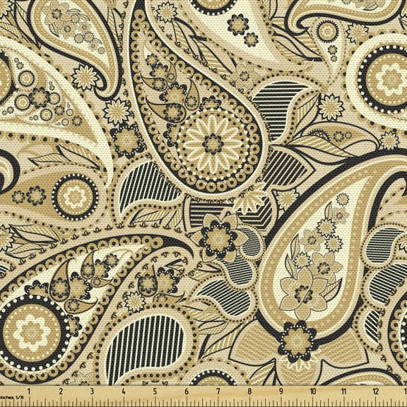 Earth Tones Fabric by the Yard, Iranian Pattern Traditional Paisley Welsh Pears, Upholstery Fabric for Dining Chairs Home Decor Accents, 3 Yards, Grey Yellow by Ambesonne