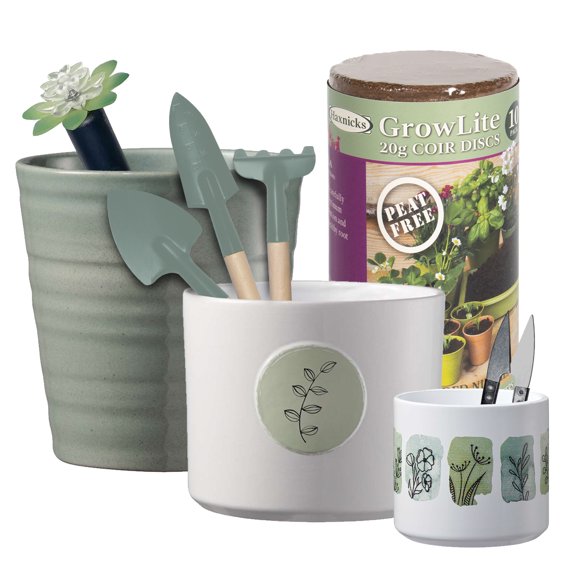 Earth Tones Indoor Garden Kit – 3 Ceramic Planters with Tools, Soil & Moisture Alarm