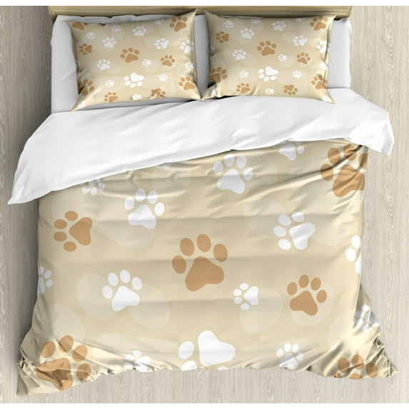Earth Tones King Size Duvet Cover Set, Baby Dog Paws Print Animal Companion Puppy Pet Friendly Print, Decorative 3 Piece Bedding Set with 2 Pillow Shams, Beige Pale Caramel White, by Ambesonne