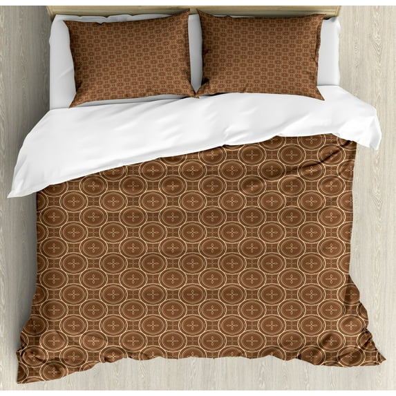 Earth Tones Queen Size Duvet Cover Set, Abstract Inner Circles with Classic Shapes inside the Round Rings Print, Decorative 3 Piece Bedding Set with 2 Pillow Shams, Brown and Beige, by Ambesonne