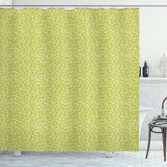 Earth Tones Shower Curtain, Swirls Curved Tiles in Green Shade Artistic Abstract Floral Style Print, Fabric Bathroom Set with Hooks, 69W X 75L Inches Long, Yellow Green White, by Ambesonne
