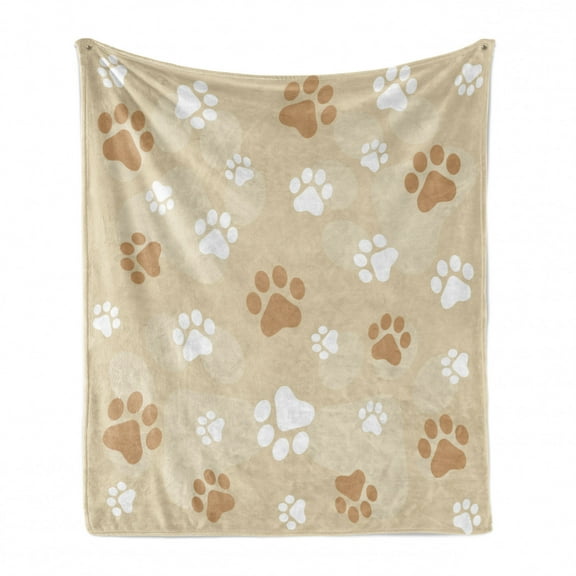 Earth Tones Soft Flannel Fleece Throw Blanket, Baby Dog Paws Print Animal Companion Puppy Pet Friendly Print, Cozy Plush for Indoor and Outdoor Use, 60" x 80", Beige Pale Caramel White, by Ambesonne