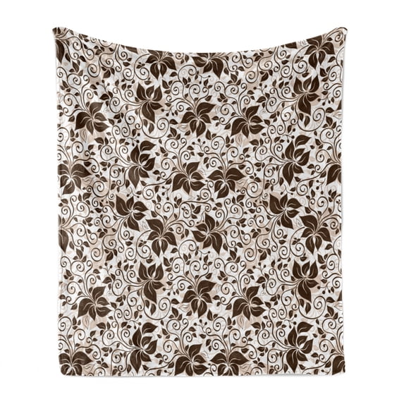 Earth Tones Soft Flannel Fleece Throw Blanket, Brown Silhouette Petals and Leafage with Spiral Stems Gardening Plants, Cozy Plush for Indoor and Outdoor Use, 50" x 70", Dark Brown White, by Ambesonne