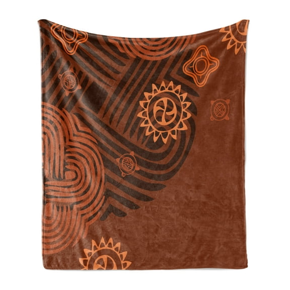 Earth Tones Soft Flannel Fleece Throw Blanket, Composition Floral Intricacy Folk Details, Cozy Plush for Indoor and Outdoor Use, 70" x 90", Brown Orange Peach, by Ambesonne