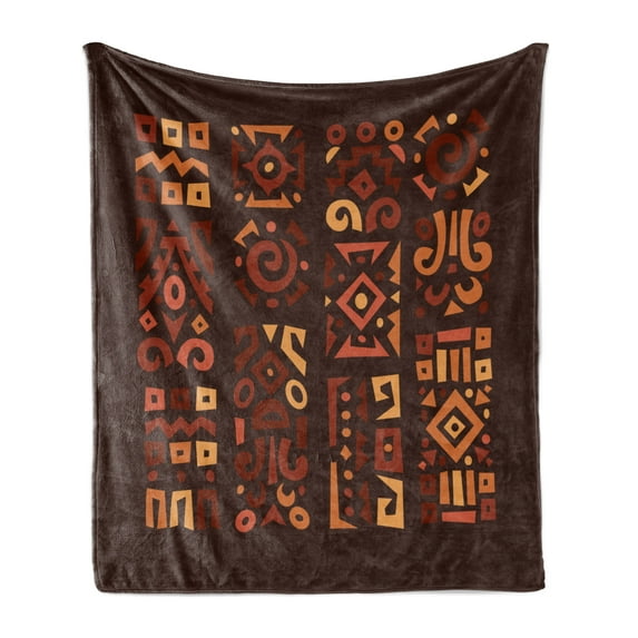 Earth Tones Soft Flannel Fleece Throw Blanket, Doodle Style Graphic in 4 Vertical Borders Accents, Cozy Plush for Indoor and Outdoor Use, 50" x 70", Multicolor, by Ambesonne