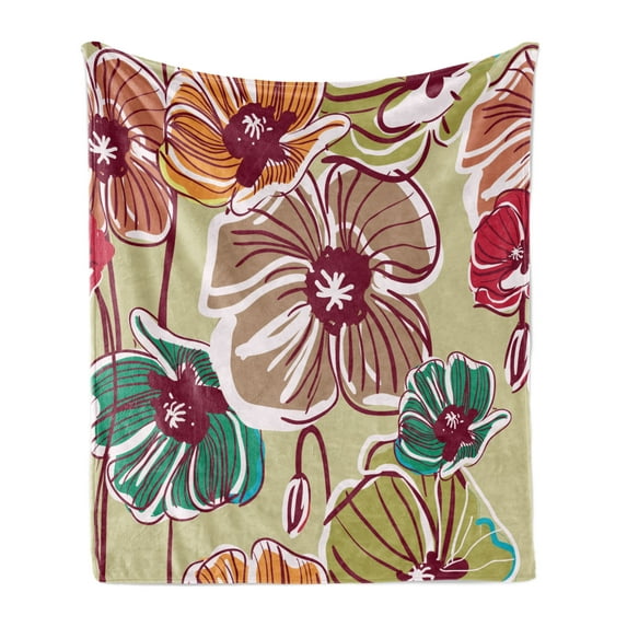 Earth Tones Soft Flannel Fleece Throw Blanket, Flourishing Poppy Flowers and Buds Rich in Colors in Drawing Style Botanical, Cozy Plush for Indoor and Outdoor Use, 50" x 70", Multicolor, by Ambesonne