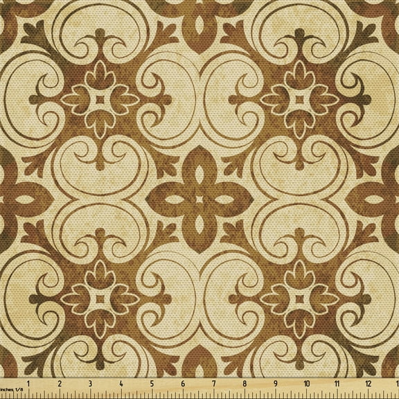 Ambesonne Earth Tones Fabric by the Yard Upholstery, Retro Fleur de Lis, 3 Yards, Beige Pale Caramel