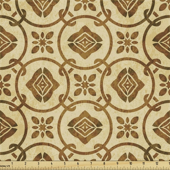 Ambesonne Earth Tone Fabric by the Yard Upholstery, Floral Vintage Chain, 10 Yards, Beige and Brown